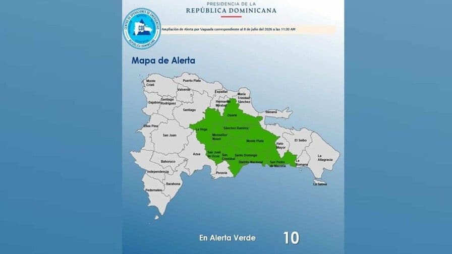 Diez provincias en alerta verde por lluvias en República Dominicana