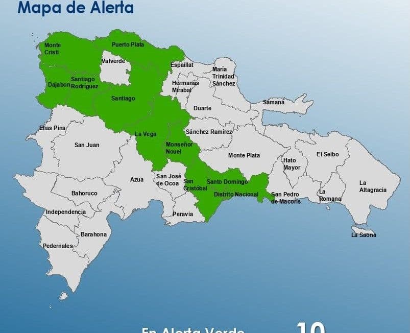 COE eleva a diez las provincias en alerta verde por condiciones meteorológicas