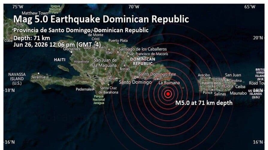 Sismo de magnitud 5.0 se siente en el este de República Dominicana